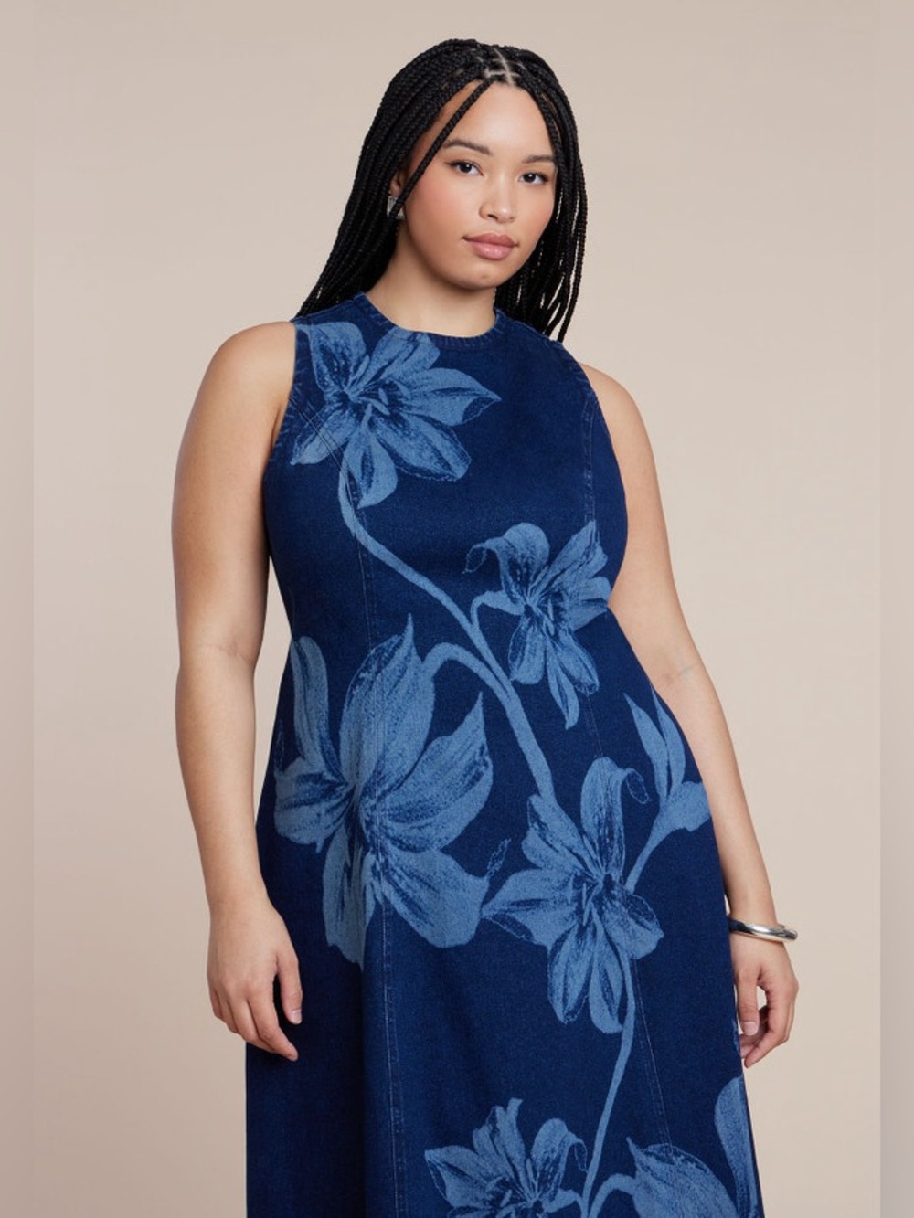 Eloquii | Floral denim jean maxi dress Women’s size 18 high low hemline stretch - Picture 9 of 9